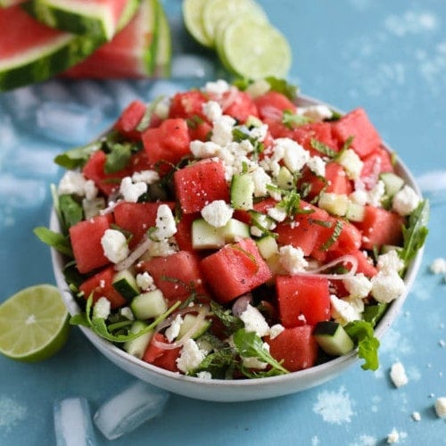 Overhead view of a bowl of Watermelon-Cucumber Salad with Feta