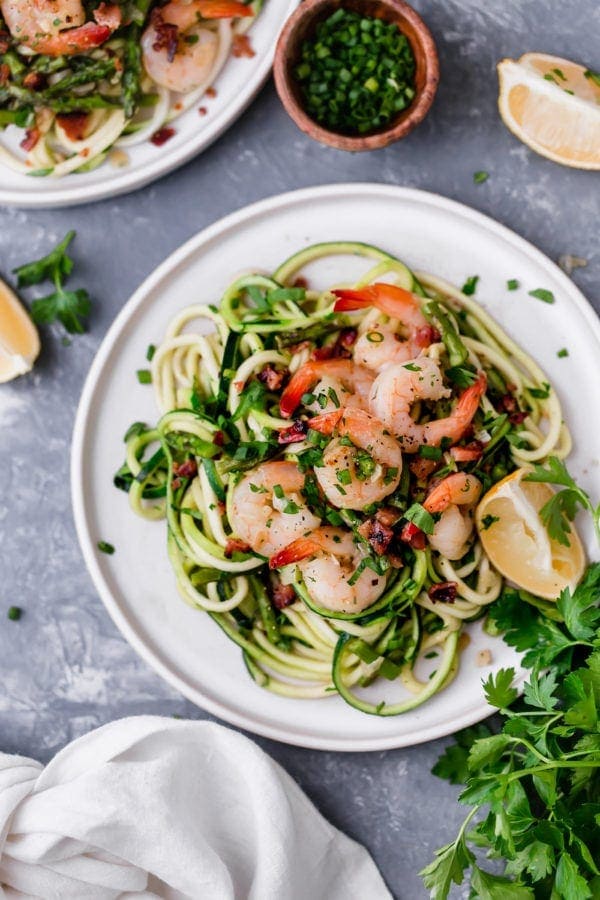 Plate of Zucchini Pasta Carbonara with Shrimp with link to the recipe. 