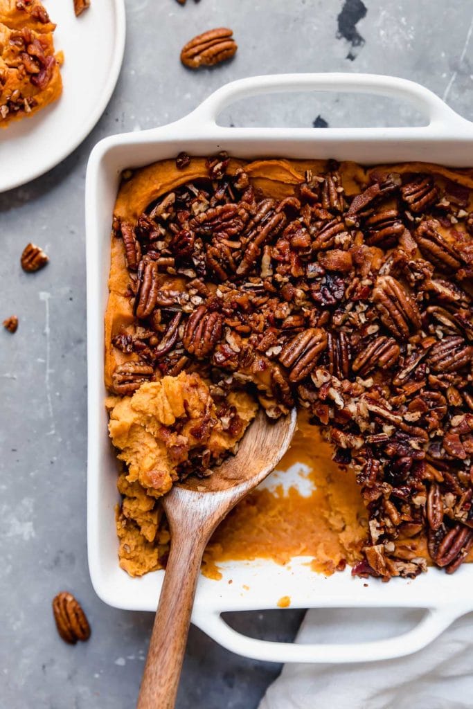 Baked Sweet Potato Casserole overhead shot with pecan topping