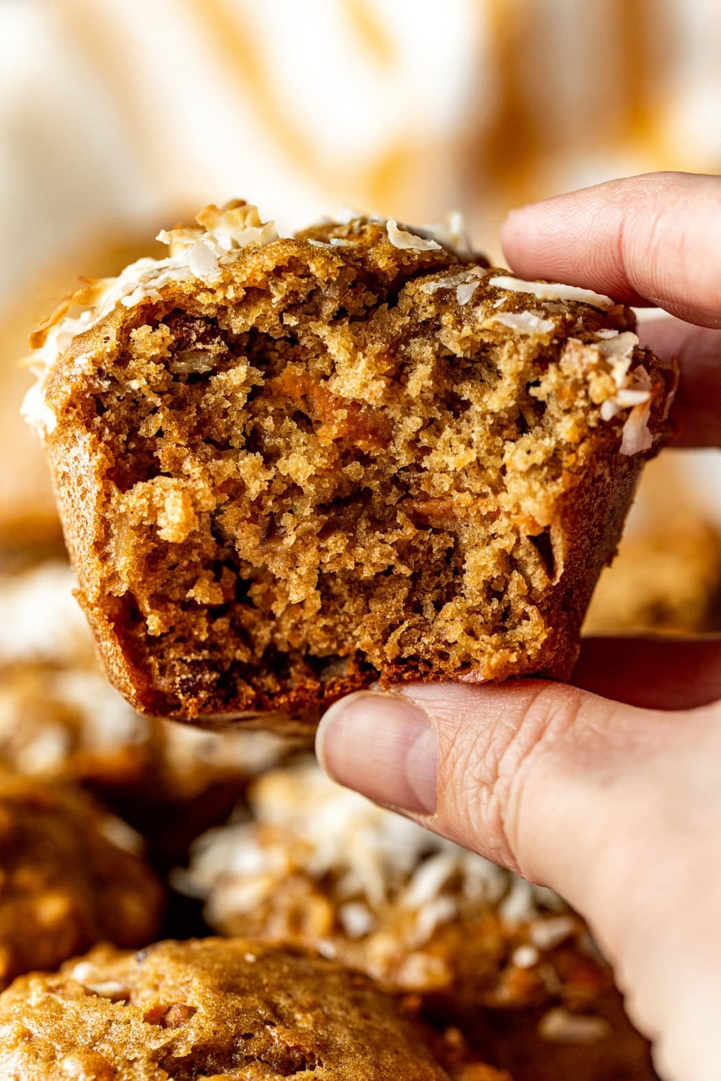 Close up view of a freshly baked Morning Glory Muffin with a bite out of it. 