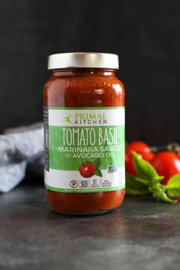 Jar of Primal Kitchen Tomato Basil Marinara sauce used to make the Pizza-Stuffed Spaghetti Squash. 