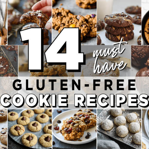 A collage of 14 different varieties of gluten-free cookies