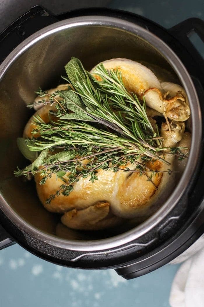 Whole chicken in an Instant Pot with herbs on top. 