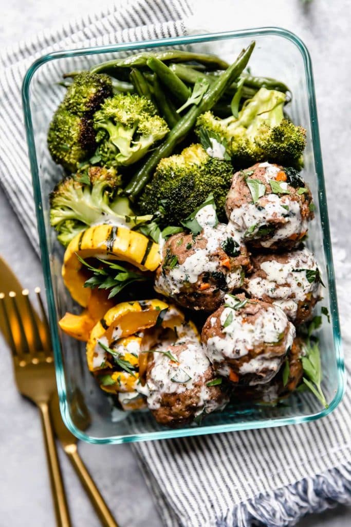 A glass meal prep container with a portion of Meal Prep Meatballs inside. 