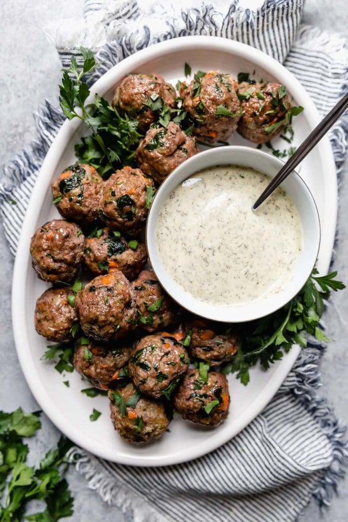 Meal Prep Meatballs on platter with dipping sauce