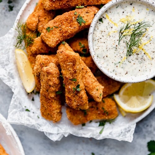 A plate of Baked Fish Sticks with Tartar Sauce