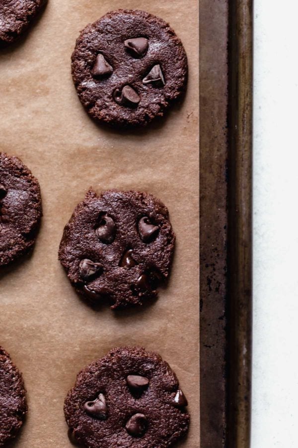 Low Sugar Double Chocolate Mint Cookies on a parchment lined baking sheet ready to go into the oven. 