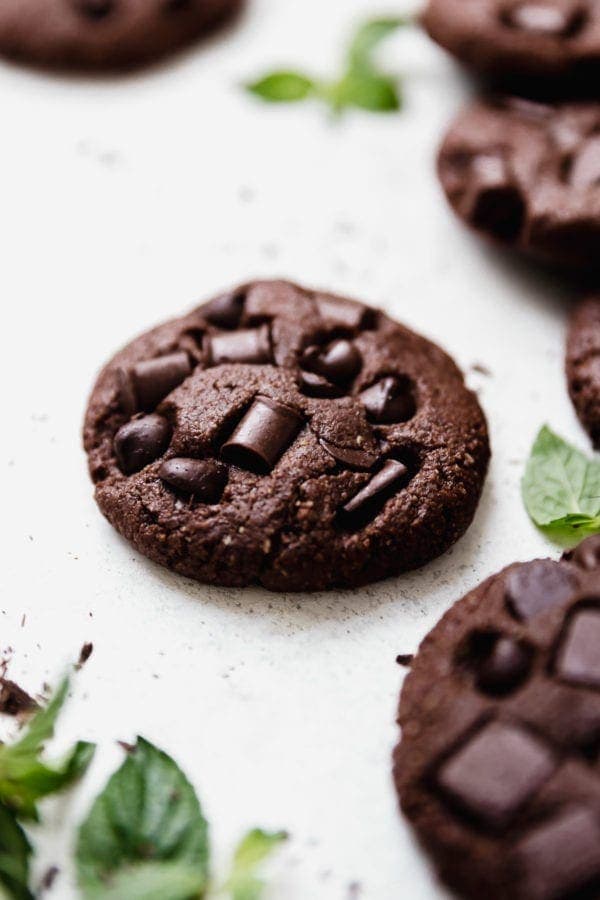 Close up shot of a Low Sugar Double Chocolate Mint Cookie made with Wholesome Allulose Zero-Calorie Granulated Sweetener. 