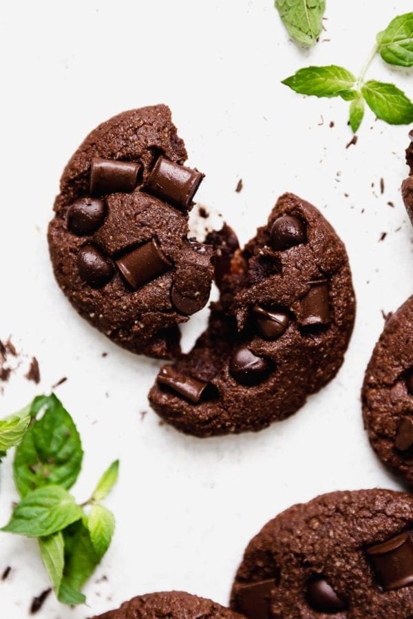 One of the Low Sugar Double Chocolate Mint Cookie broken in half. 