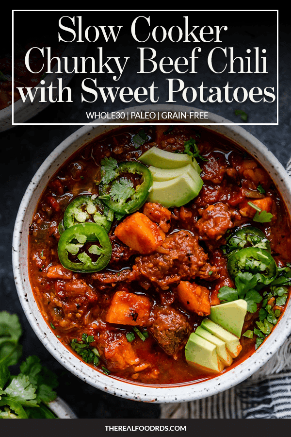 Pin image for Slow Cooker Chunky Beef Chili with Sweet Potatoes