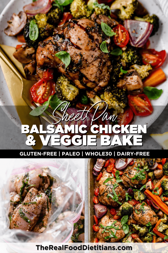 Balsamic chicken and veggies in balsamic cooked on a sheet pan.