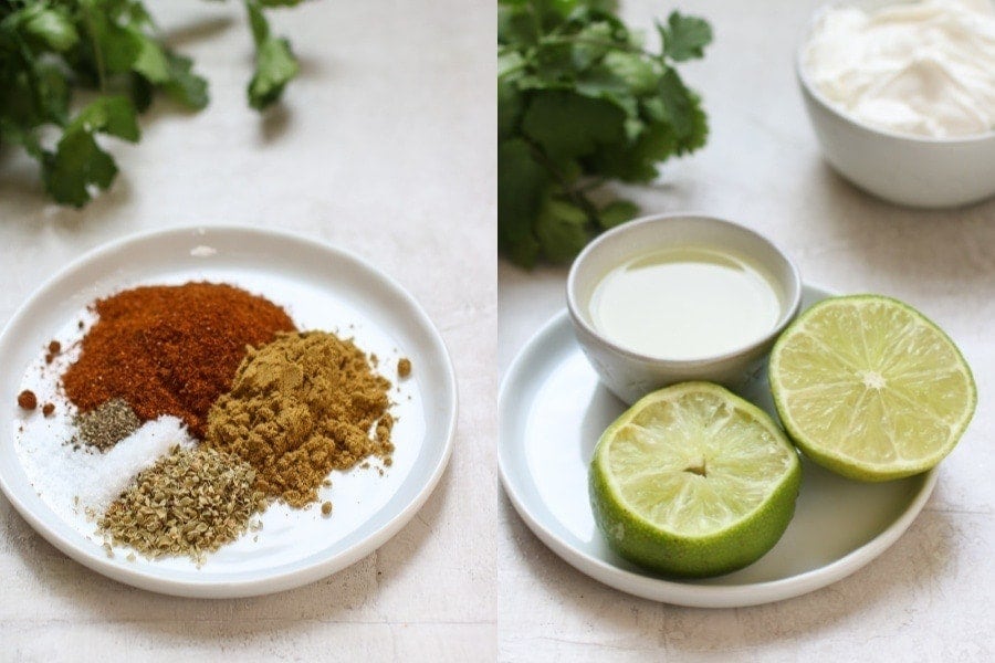 Two photos side by side. Left: small plate with Instant Pot Taco Soup spices. Right: small plate with lime cut in half with small bowl of lime juice.