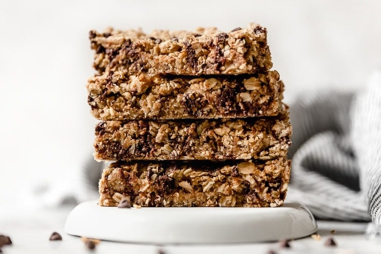 A stack of 5-Ingredient Healthy Peanut Butter Granola Bars. 