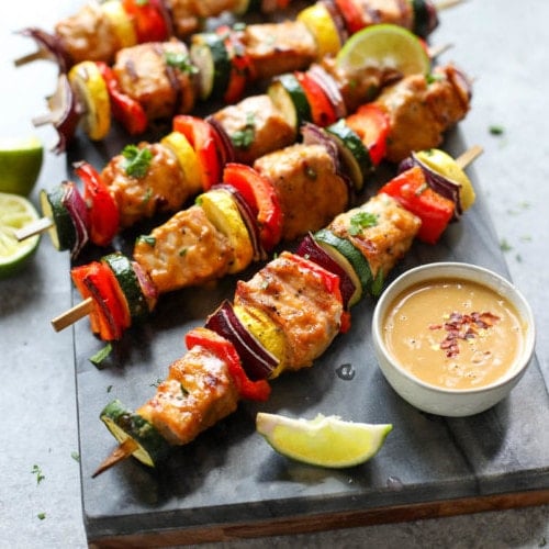 Pork Kebabs with Peanut Sauce ready to serve