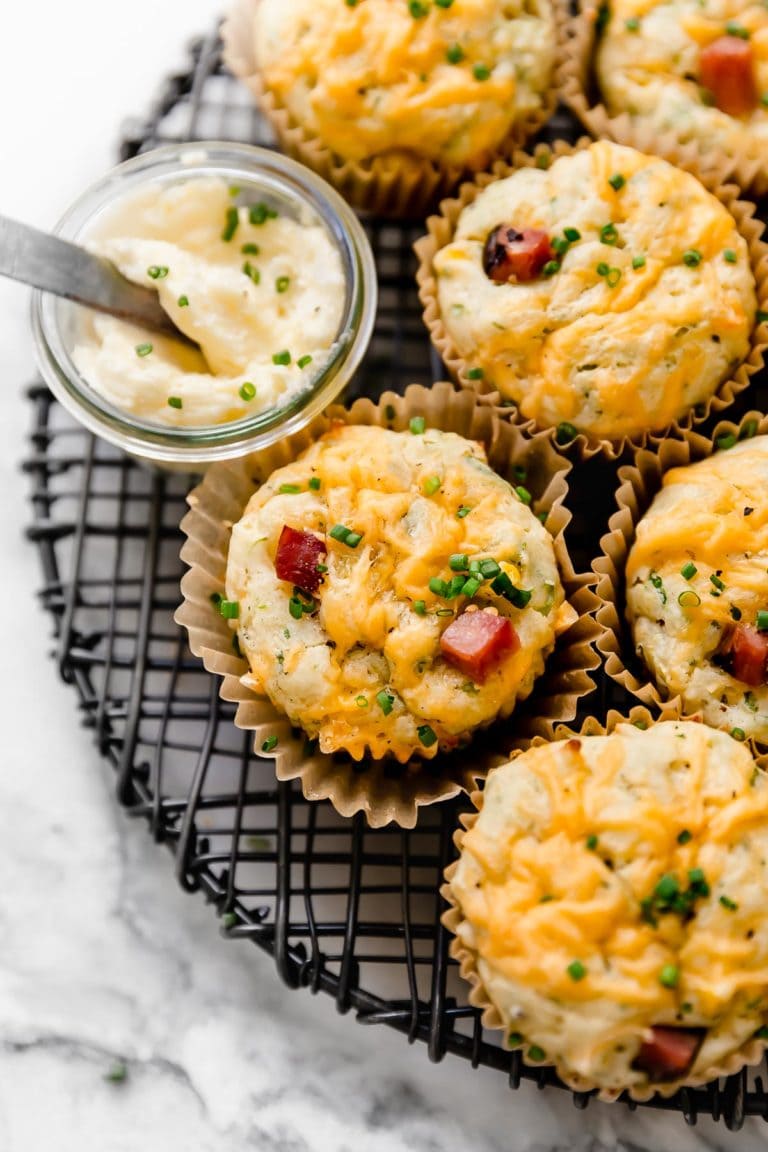 Savory Ham & Cheese Muffins on a cooling rack