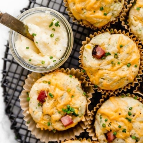 Savory Ham & Cheese Muffins on a cooling racl