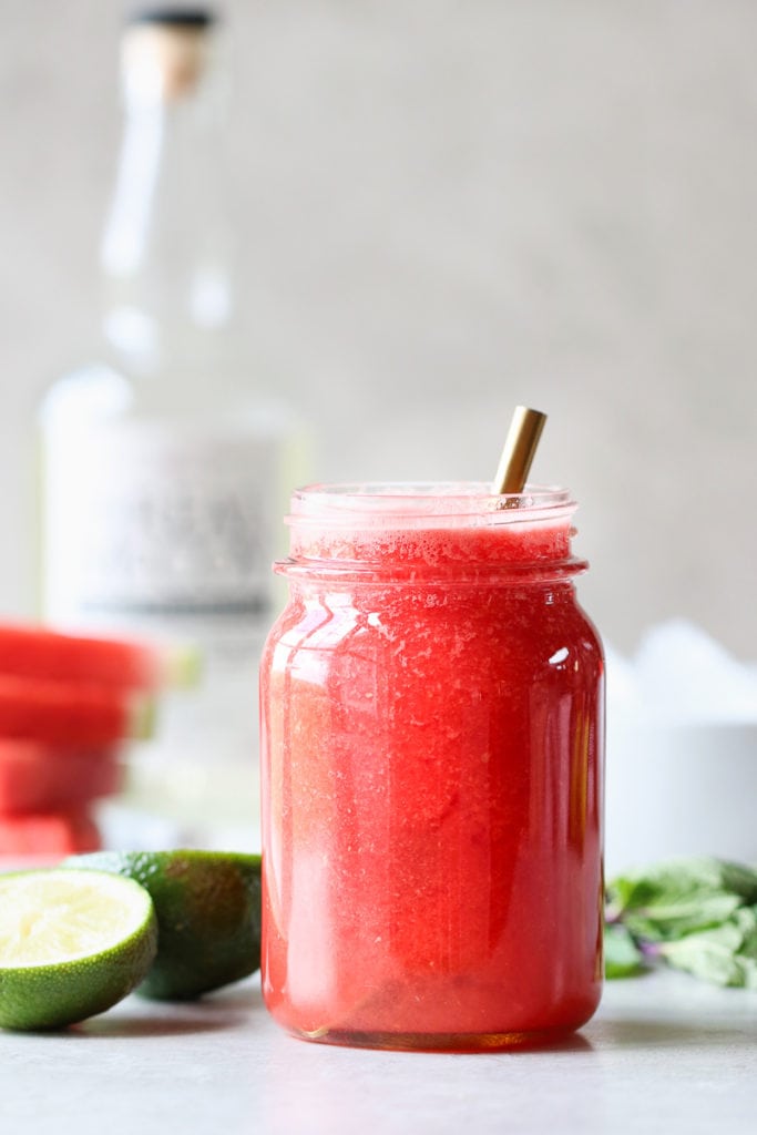 Photo of watermelon juice in a mason jar for the Watermelon Mojito