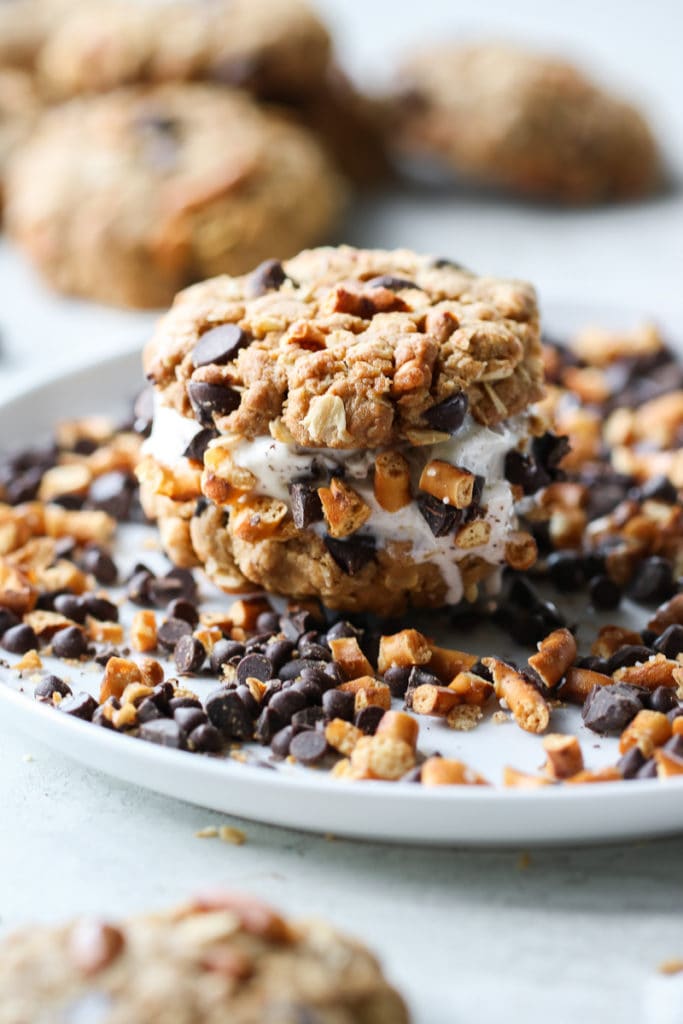  Sweet & Salty Ice Cream Sandwiches on a plate with crushed pretzel bits and chocolate chips