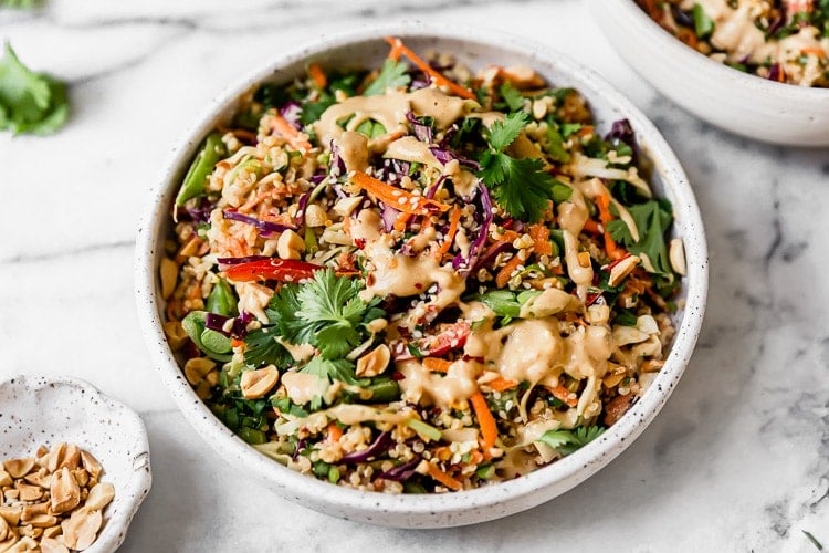 Close up view Thai-inspired Peanut Quinoa Salad served in speckled bowl topped with Thai peanut dressing and sesame seeds.