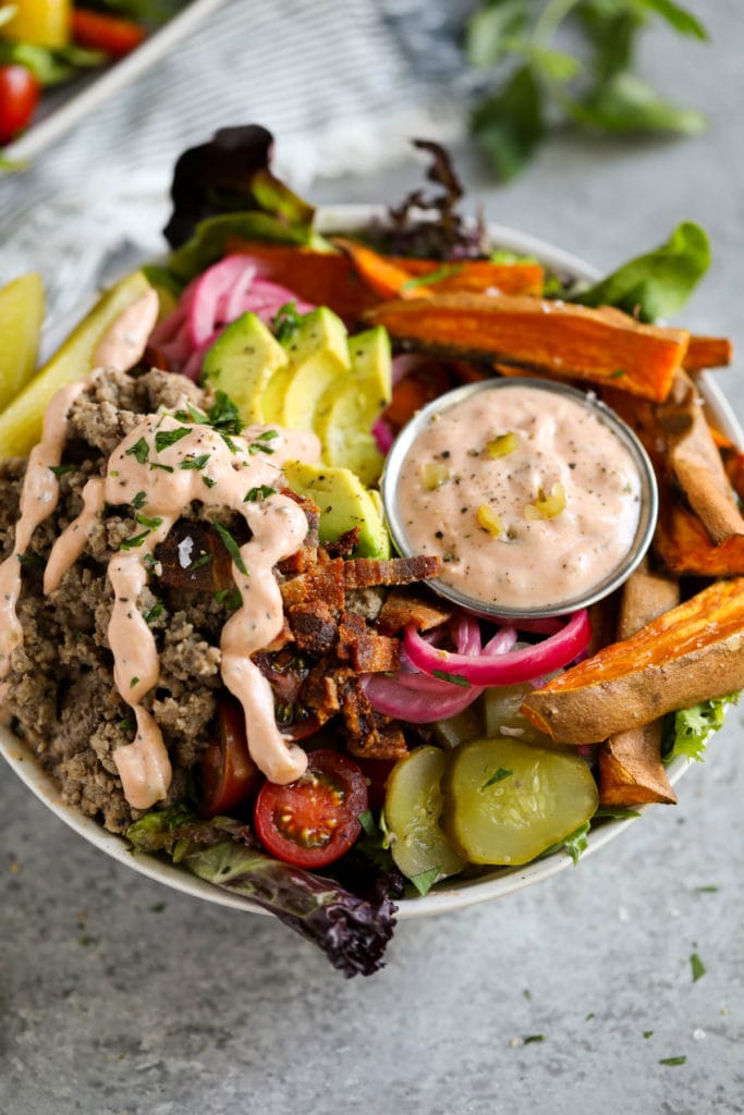 A loaded Burger Bowl with Special Sauce in a large serving bowl.