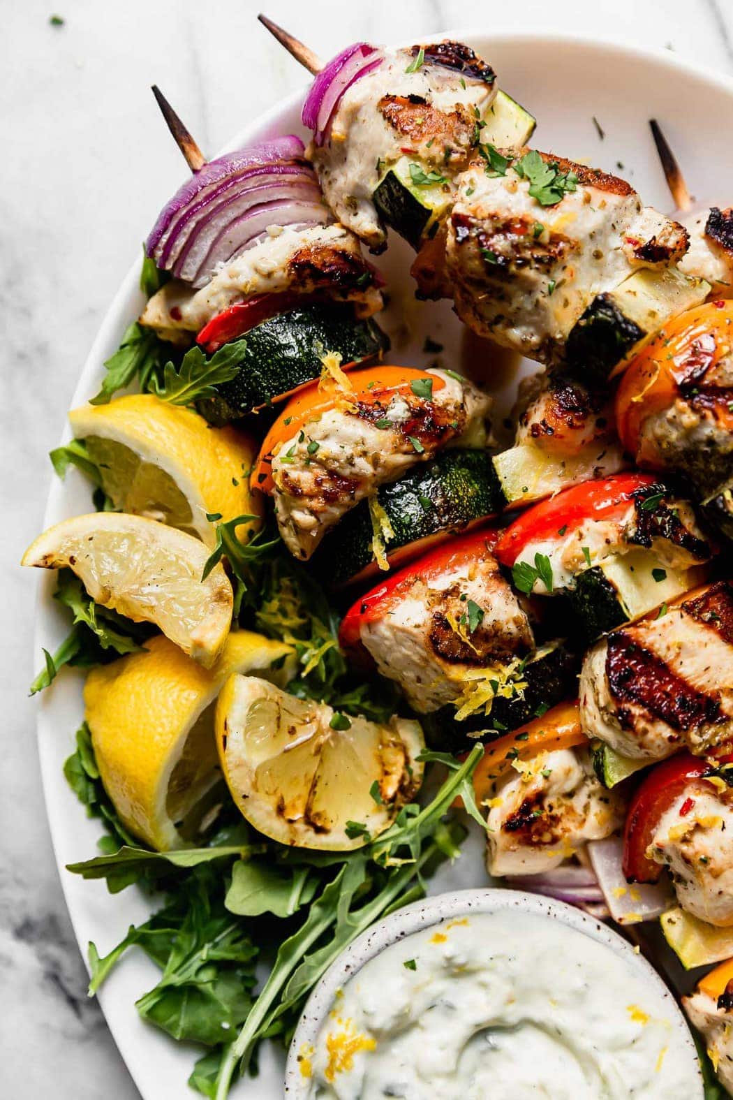 Photo of Greek Chicken Kebabs with Tzatziki Sauce.
