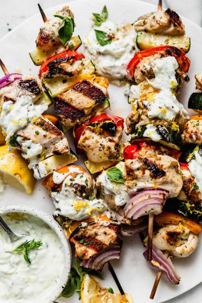 Photo of Greek Chicken Kebabs with Tzatziki Sauce.