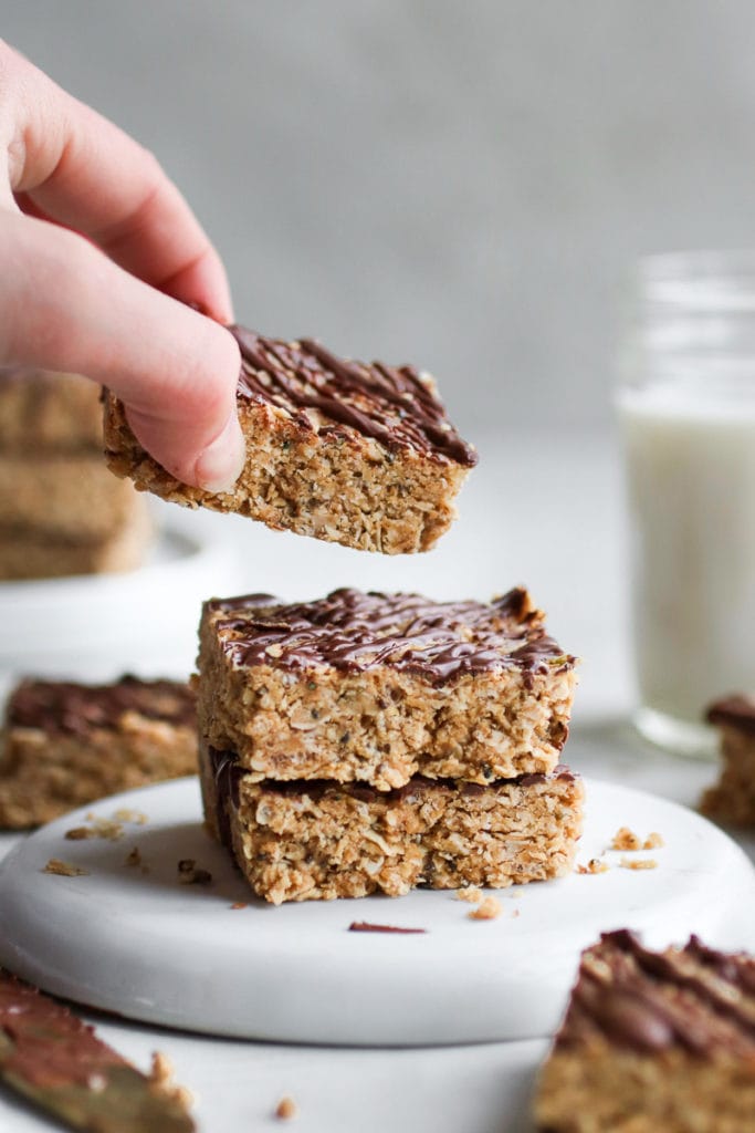 Photo of a stack of No-Bake Peanut Butter Crunch Bars