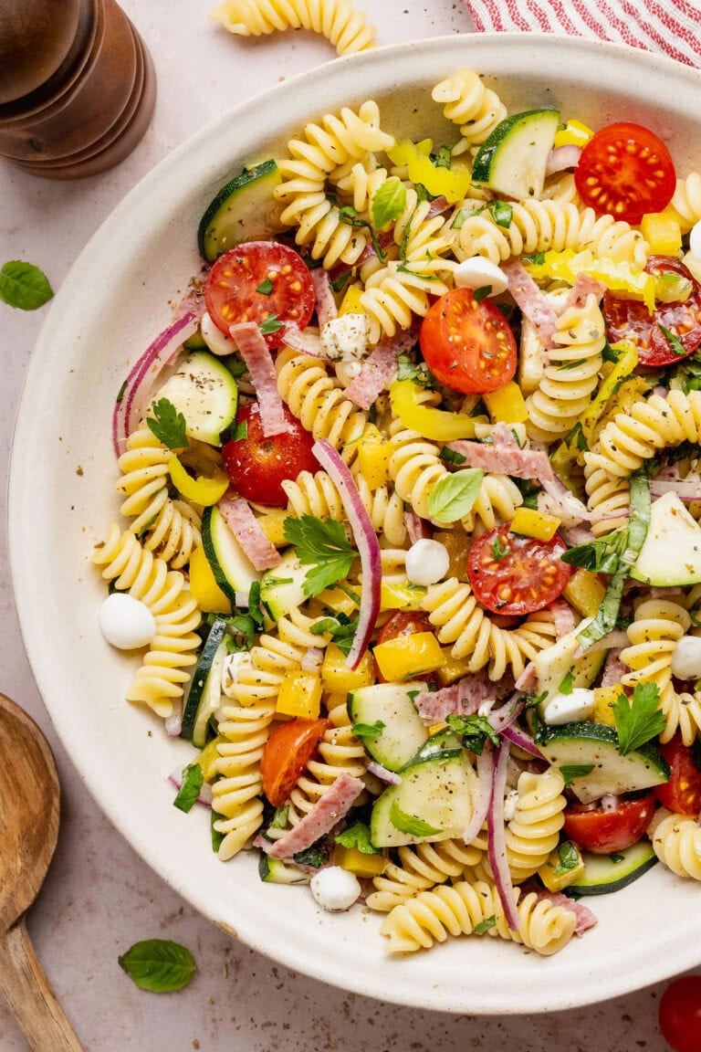 Overhead view of a bowl of Zesty Italian Pasta Salad