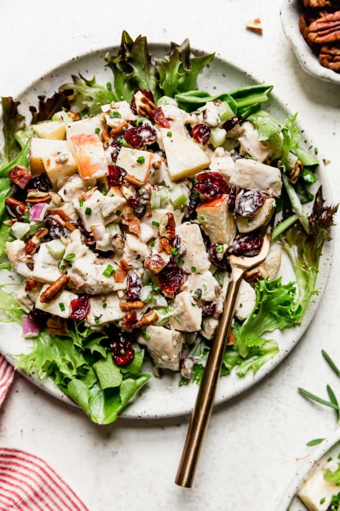 Cranberry Chicken Salad with Apples on a white plate served over a bed of greens with a gold fork.
