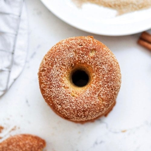 A birds eye view of a gluten-free baked pumpkin donut with cinnamon sugar coating.