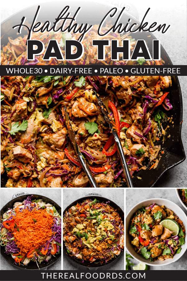 Healthy Pad Thai made noodle-free in a large cast iron skillet ready to be served.