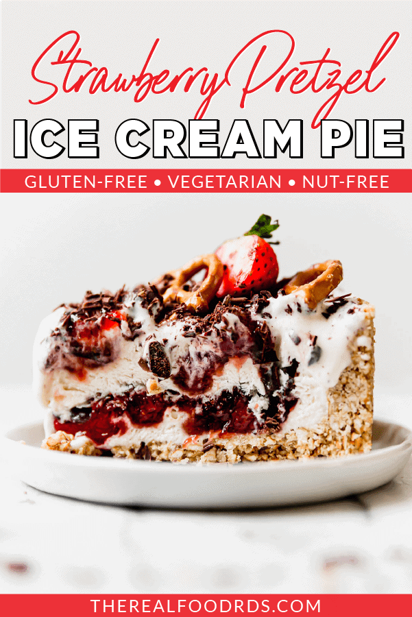 Pin image for Strawberry Pretzel Ice Cream Pie (photo has a slice on a plate)
