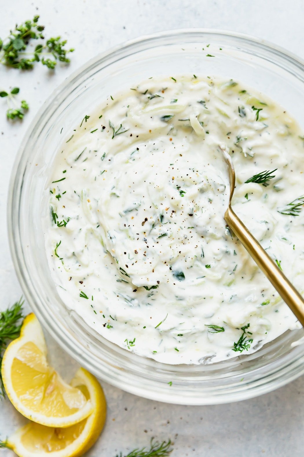 Tzatziki in small bowl. Topping for the Mediterranean Bowls.