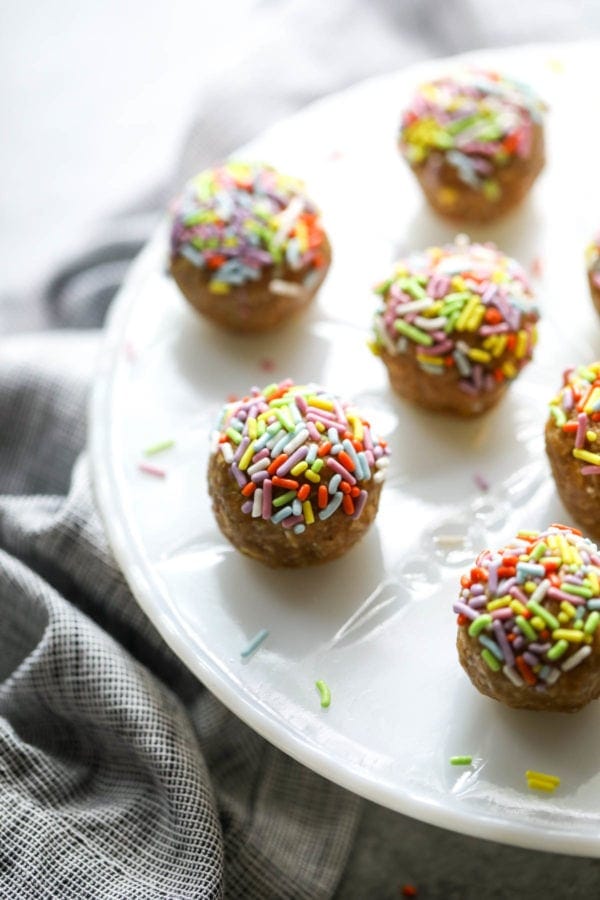 vanilla cake flavored energy balls decorated with sprinkles 