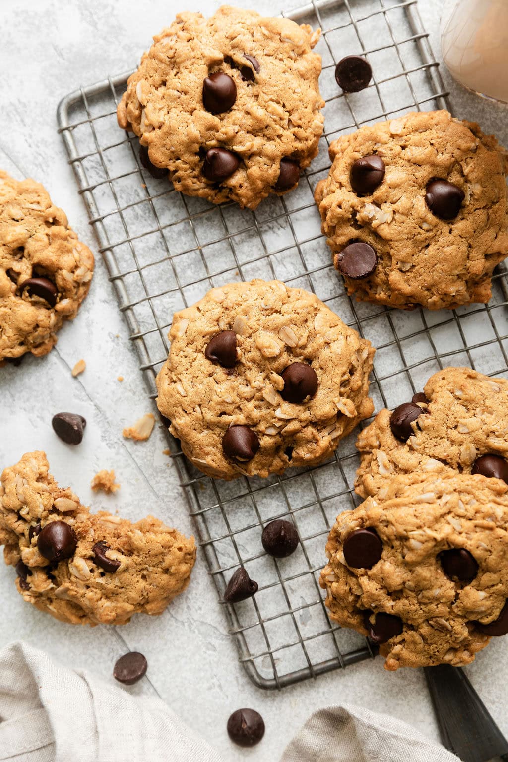 Close up view of freshly baked Peanut Butter Oatmeal Cookies with Chocolate Chips on a wire cooling rack. 