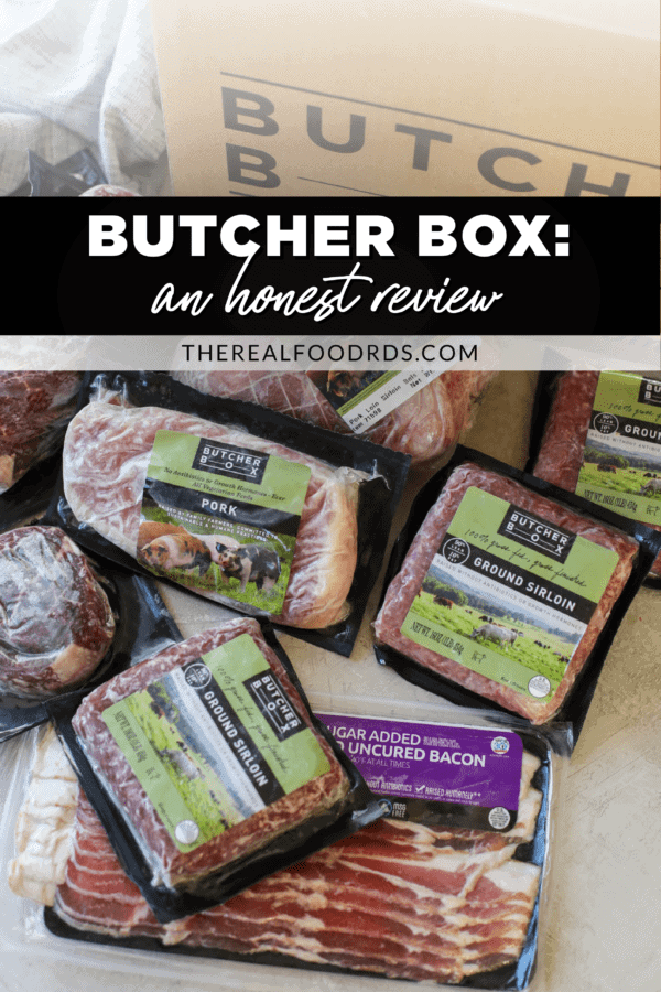 A variety of frozen packaged meat from ButcherBox with text overlay for a Pinterest pin