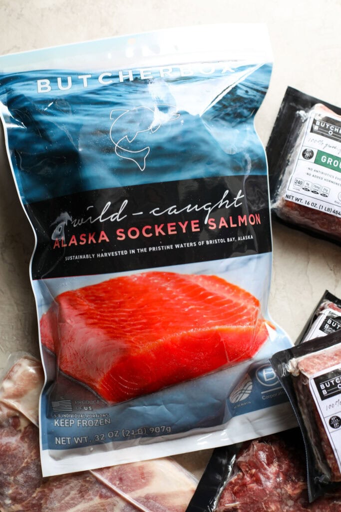 Close up view of a bag of wild caught Alaska sockeye salmon from Butcher Box. 