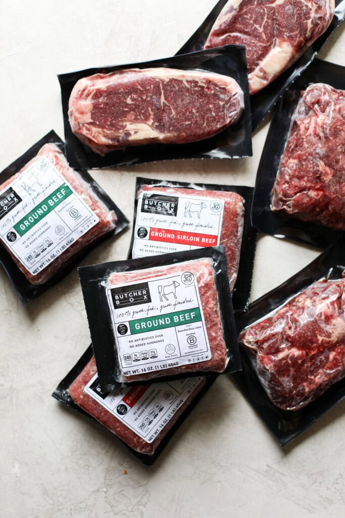 Overhead view of a variety of butcher box beef options including ground sirloin. 