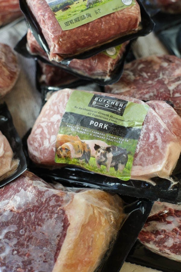 A close up view of packaged frozen pork from Butcher Box