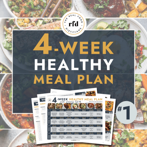Collage of healthy meals plated with text overlay for a 4 week healthy meal plan with grocery list free download