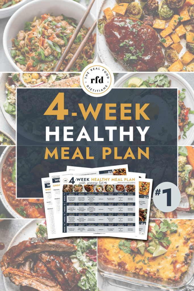 Collage of healthy meals with text overlay for a 4 week healthy meal plan