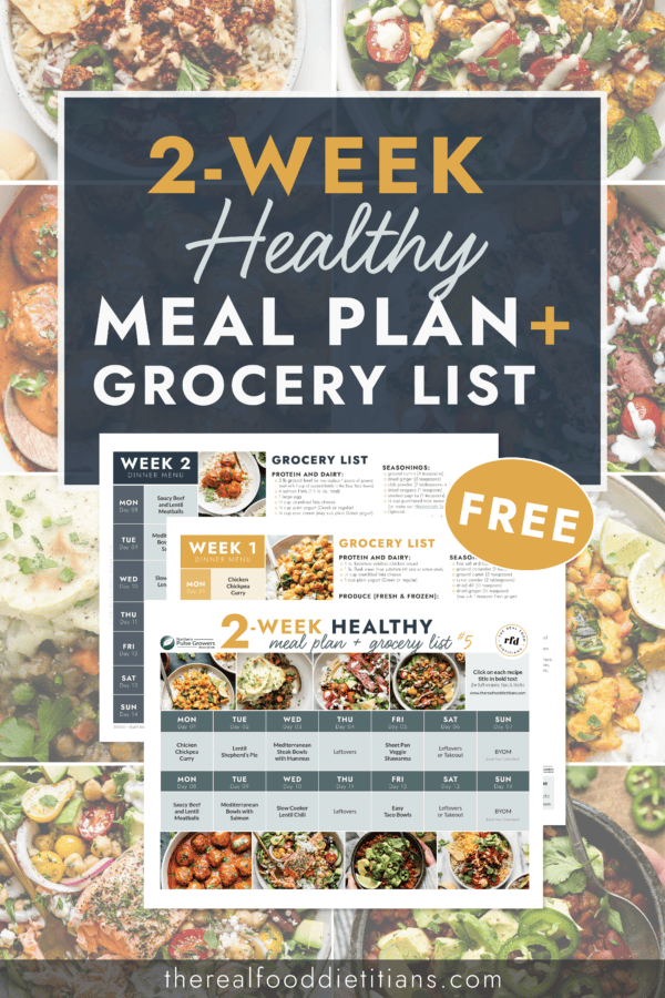 Collage of healthy meals plated with text overlay for a 2 week healthy meal plan and grocery list free download