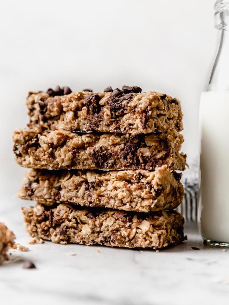 A stack of homemade granola bars with chocolate chips as part of 6 freezer breakfast recipes