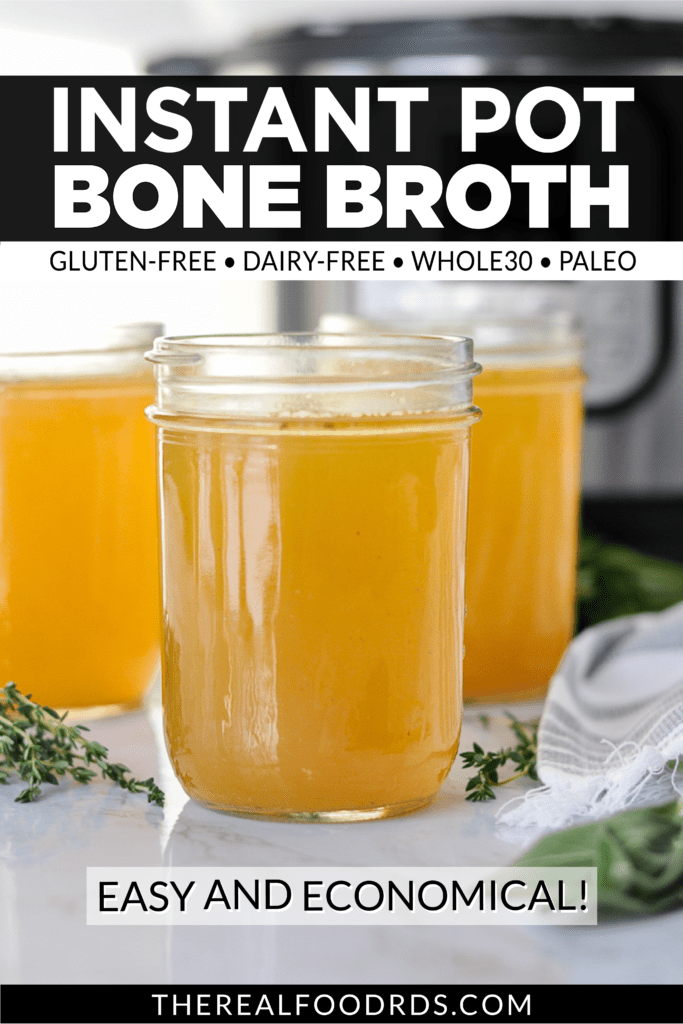 Three mason jars filled with freshly made Instant Pot Bone Broth | Pinterest pin