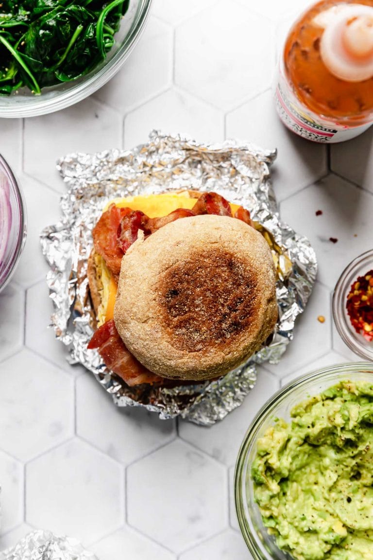 A breakfast sandwich on top of foil as part of 6 freezer breakfast meal prep recipes