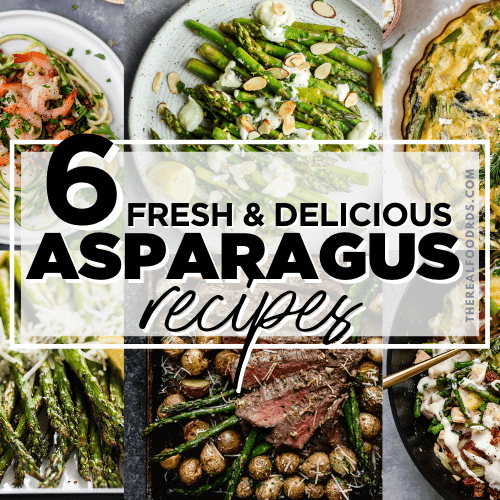 Six healthy asparagus recipes in a collage with text overlay