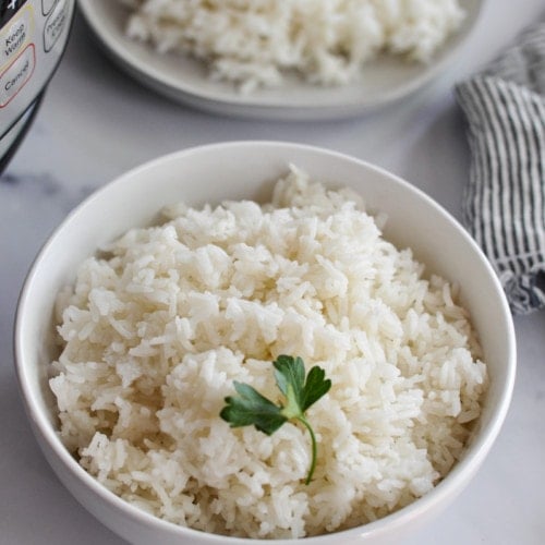Instant pot jasmine rice in a white bowl