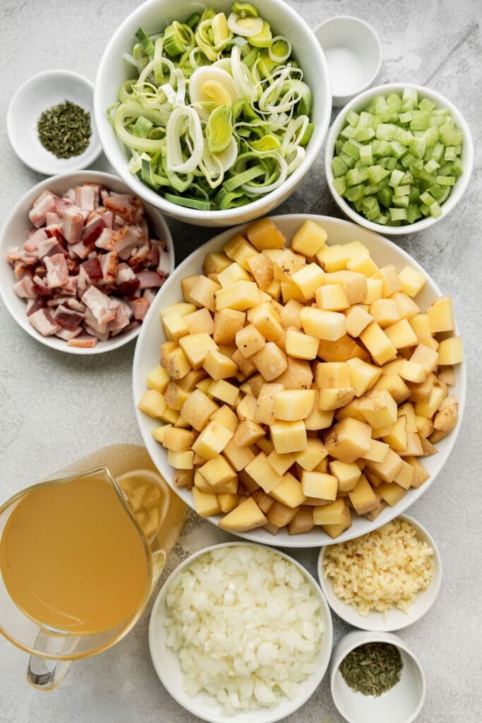 Raw ingredients needed to make Creamy Potato Leek Soup with Bacon.