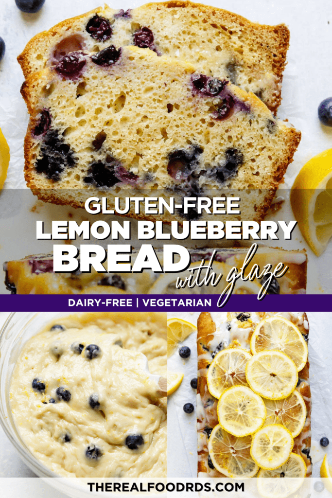 Lemon blueberry bread batter in a mixing bowl, freshly baked into a loaf topped with thin lemon slices, and thick slices of lemon blueberry bread freshly cut. 