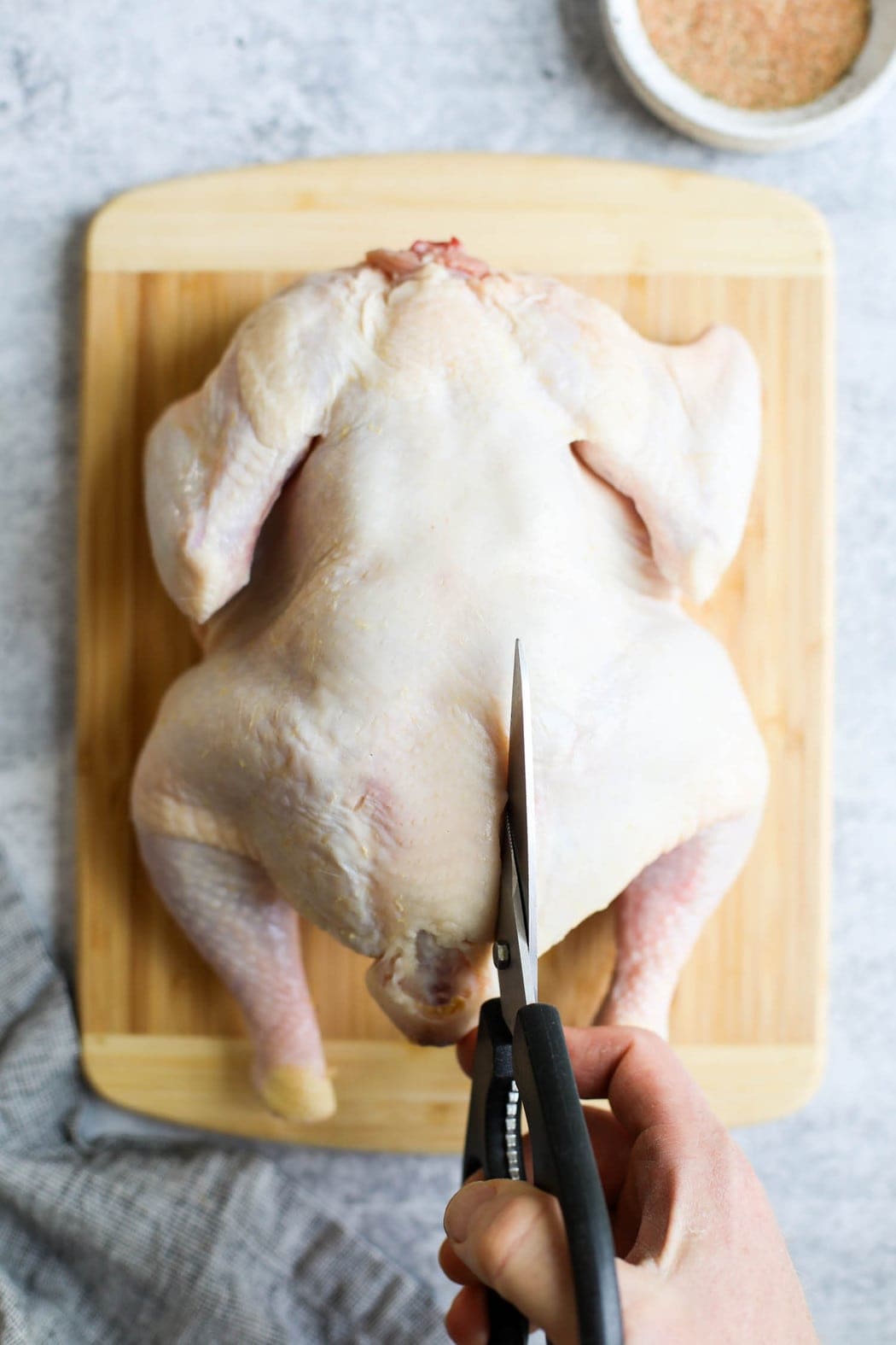 A whole chicken being cut with kitchen shears along the spine for spatchcock chicken method